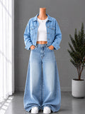 ICE BLUE WASHED WIDE LEG JEANS + WHITE INNER & ICE BLUE DENIM JACKET