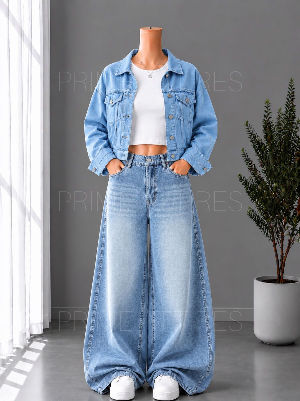 ICE BLUE WASHED WIDE LEG JEANS + WHITE INNER & ICE BLUE DENIM JACKET
