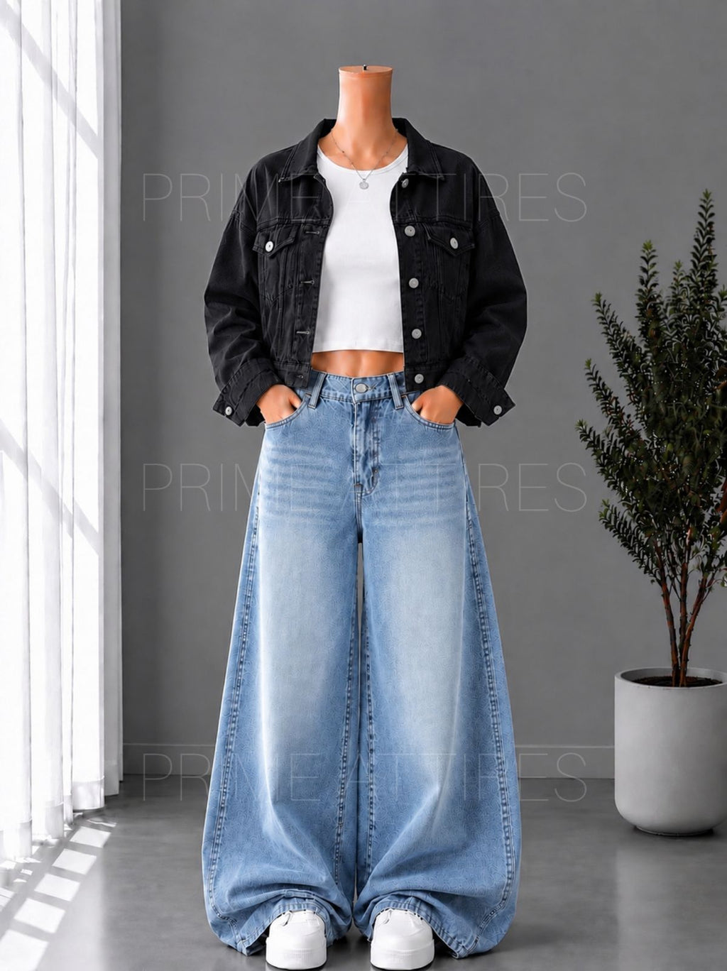ICE BLUE WASHED WIDE LEG JEANS + WHITE INNER & BLACK DENIM JACKET