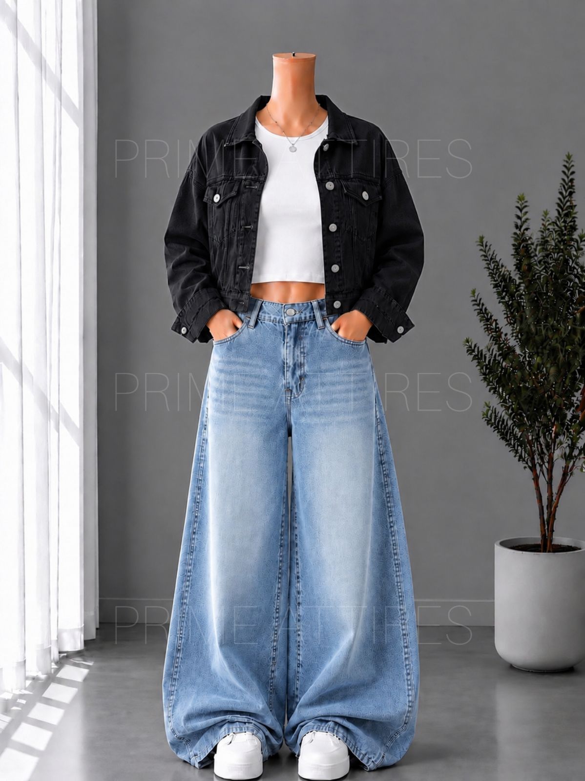 ICE BLUE WASHED WIDE LEG JEANS + WHITE INNER & BLACK DENIM JACKET
