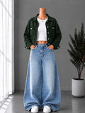 ICE BLUE WASHED WIDE LEG JEANS + WHITE INNER & OLIVE GREEN DENIM JACKET