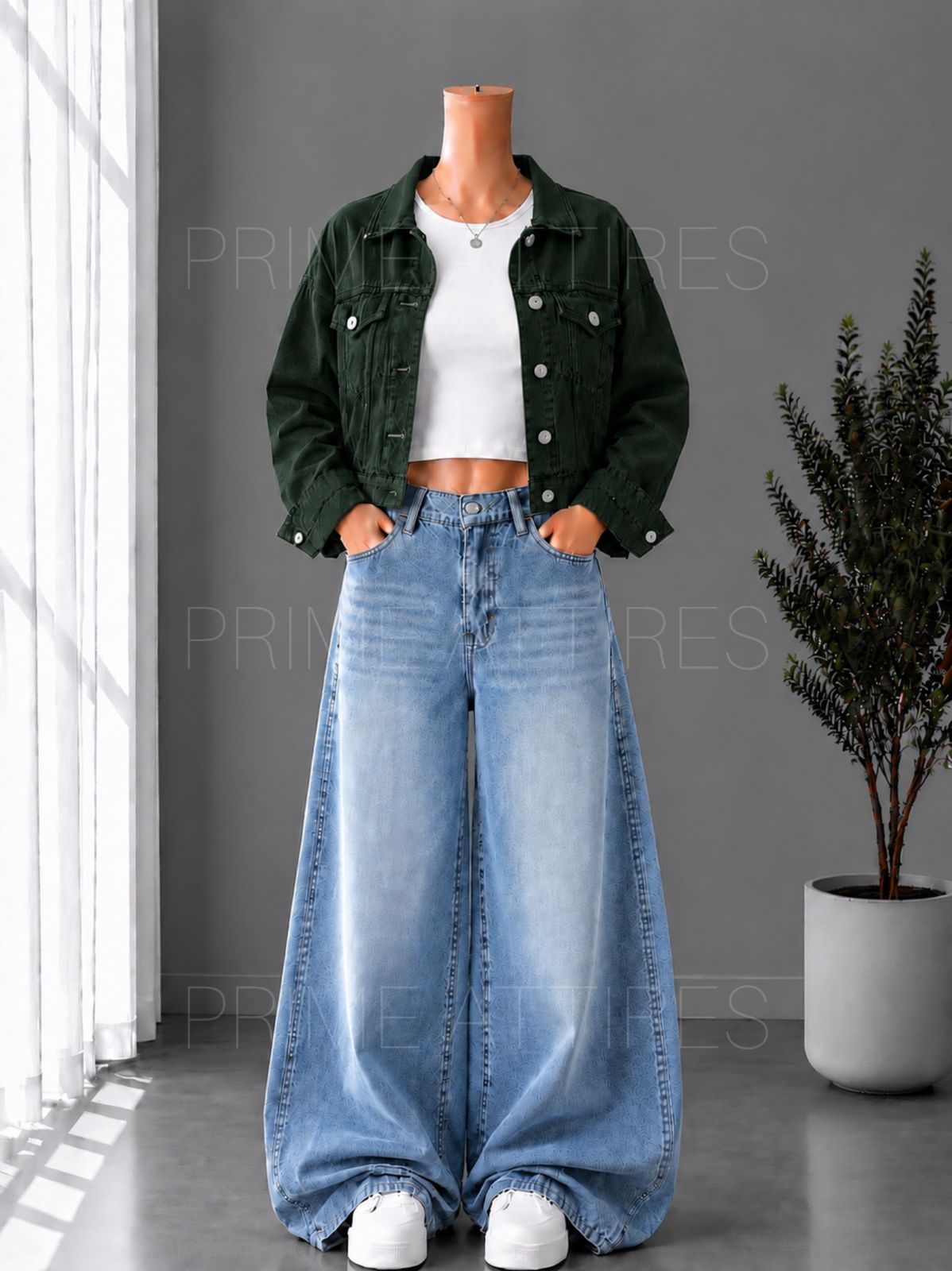 ICE BLUE WASHED WIDE LEG JEANS + WHITE INNER & OLIVE GREEN DENIM JACKET