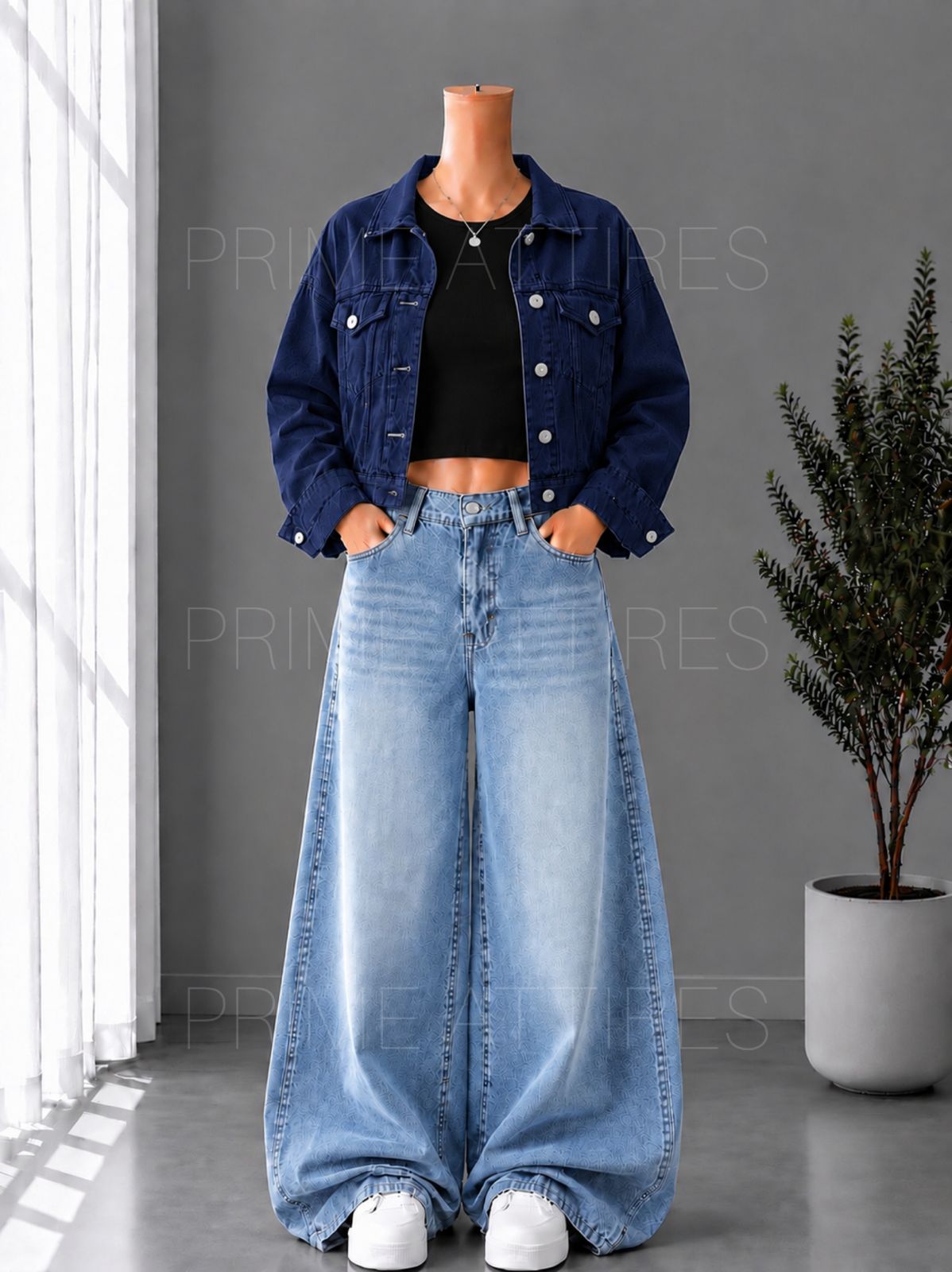 ICE BLUE WASHED WIDE LEG JEANS + BLACK INNER & NAVY BLUE DENIM JACKET
