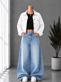 ICE BLUE WASHED WIDE LEG JEANS + BLACK INNER & WHITE DENIM JACKET