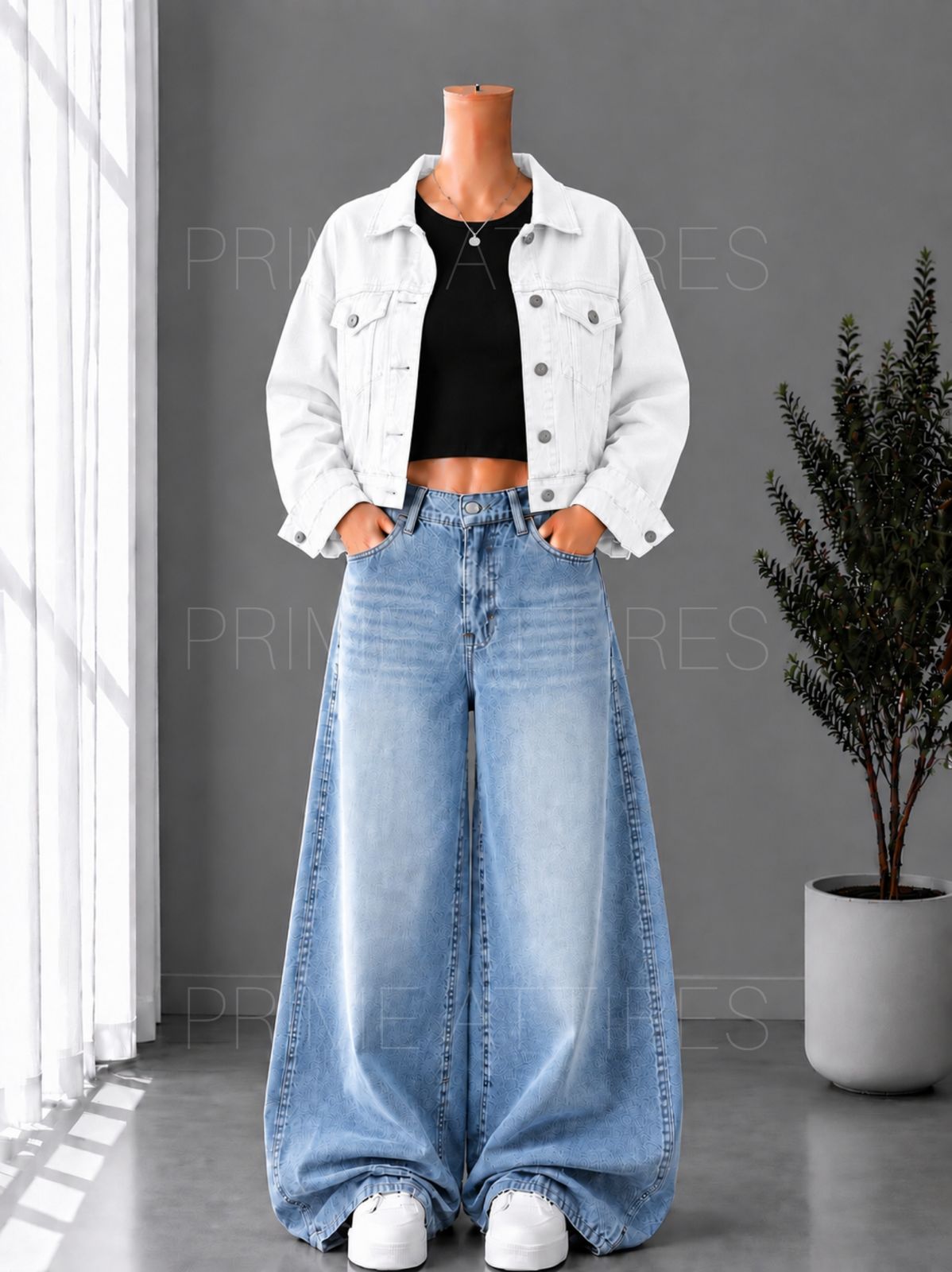ICE BLUE WASHED WIDE LEG JEANS + BLACK INNER & WHITE DENIM JACKET