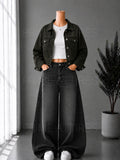BLACK WASHED WIDE LEG JEANS + WHITE INNER & OLIVE GREEN DENIM JACKET
