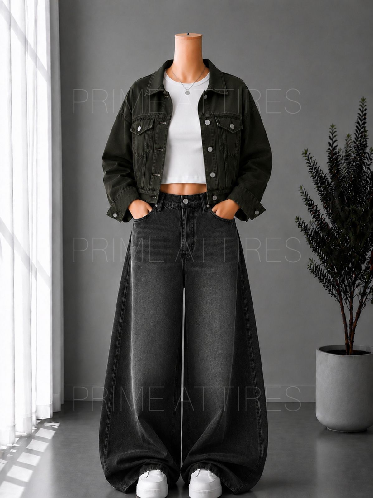 BLACK WASHED WIDE LEG JEANS + WHITE INNER & OLIVE GREEN DENIM JACKET