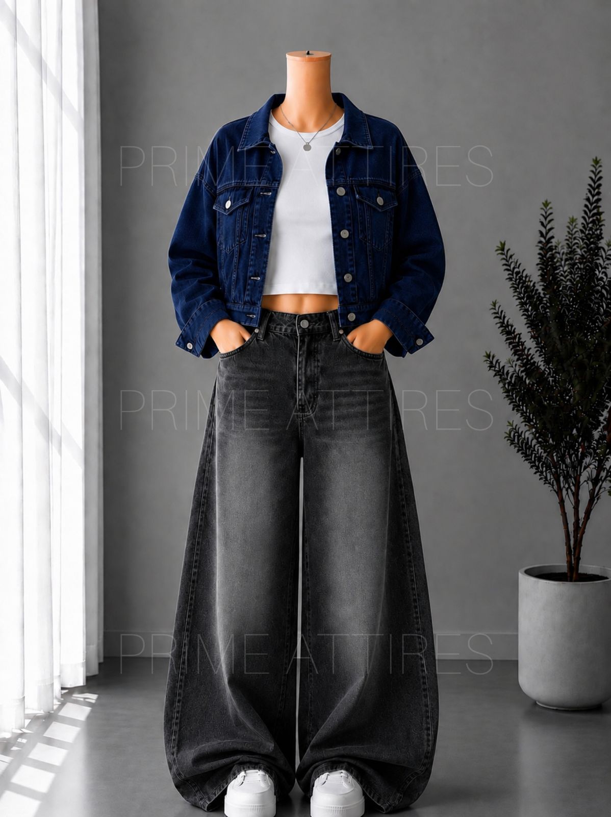 BLACK WASHED WIDE LEG JEANS + WHITE INNER & NAVY BLUE DENIM JACKET