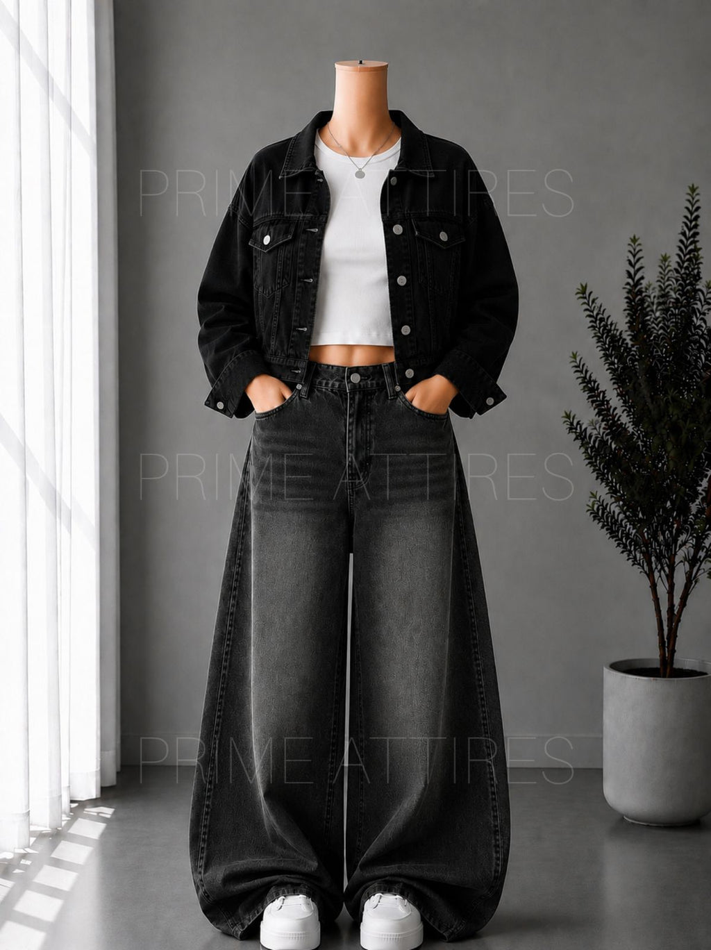 BLACK WASHED WIDE LEG JEANS + WHITE INNER & BLACK DENIM JACKET