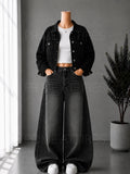 BLACK WASHED WIDE LEG JEANS + WHITE INNER & BLACK DENIM JACKET
