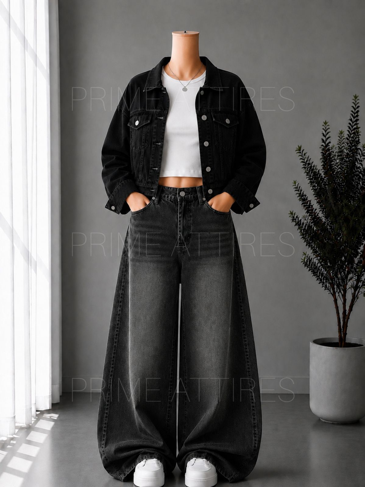 BLACK WASHED WIDE LEG JEANS + WHITE INNER & BLACK DENIM JACKET