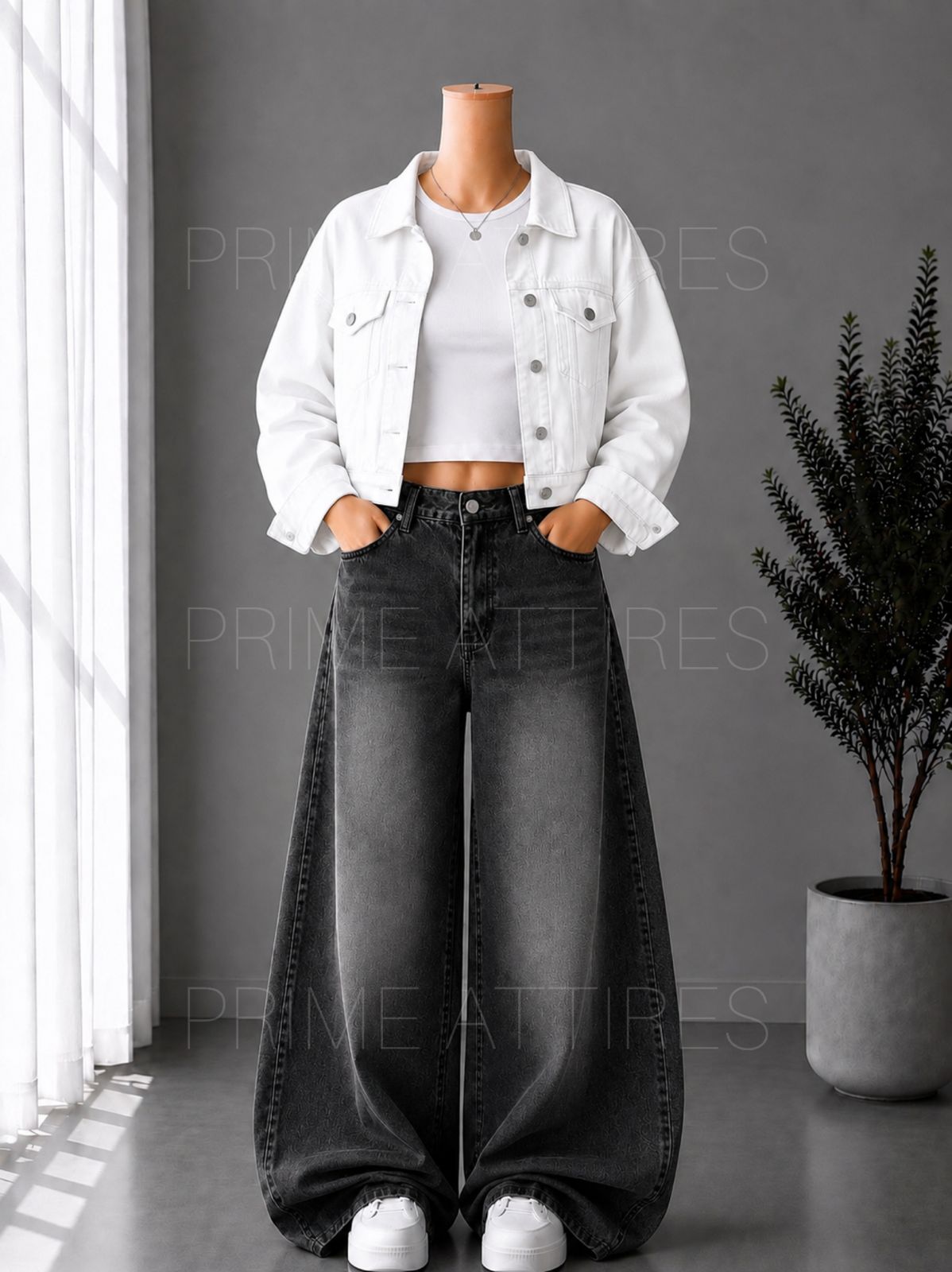 BLACK WASHED WIDE LEG JEANS + WHITE INNER & WHITE DENIM JACKET
