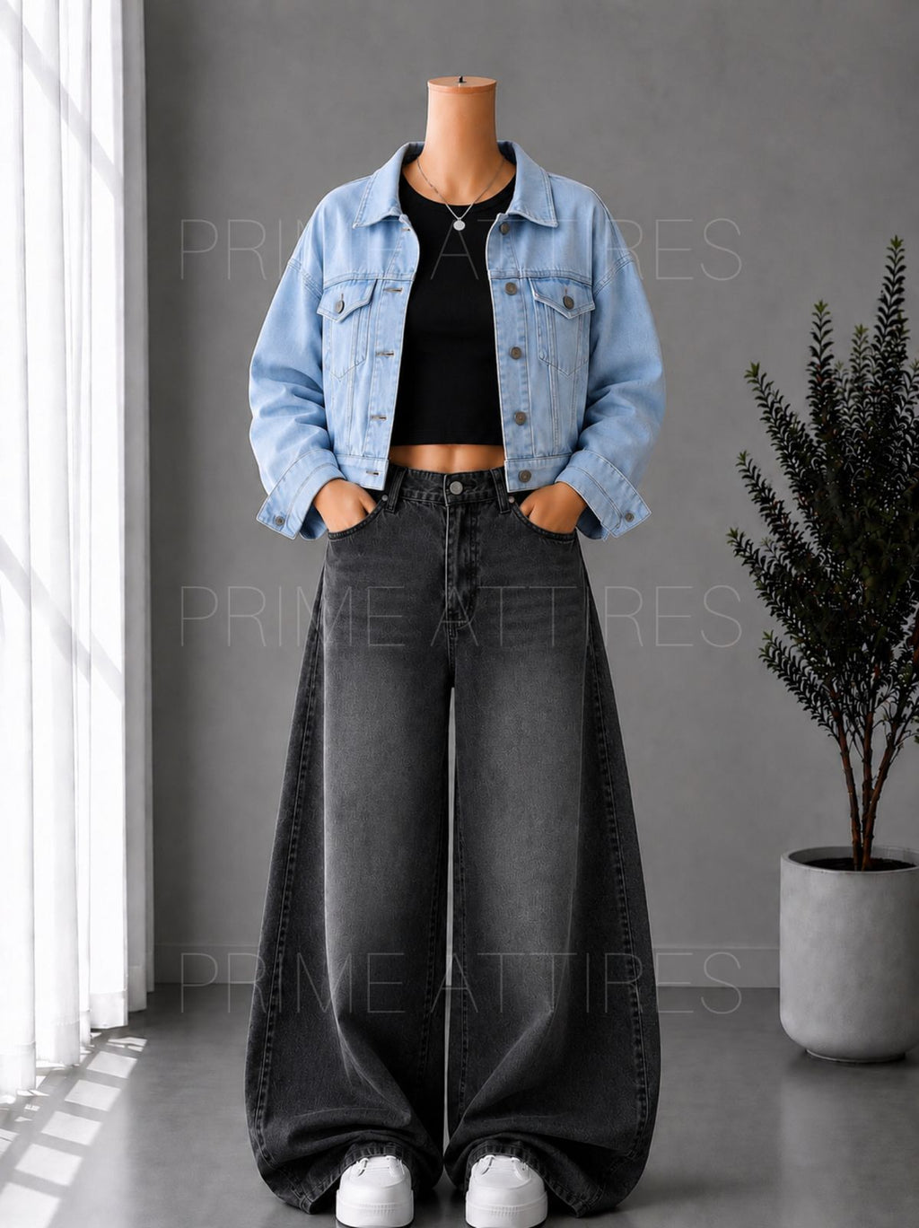 BLACK WASHED WIDE LEG JEANS + BLACK INNER & ICE BLUE DENIM JACKET