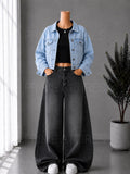 BLACK WASHED WIDE LEG JEANS + BLACK INNER & ICE BLUE DENIM JACKET