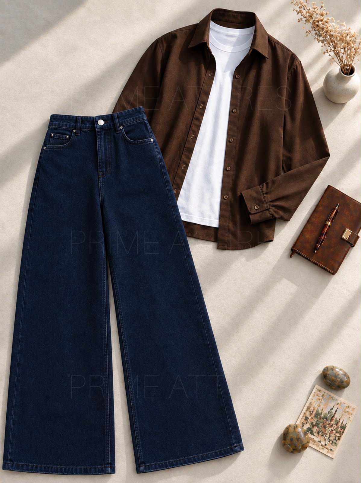 NAVY-BLUE WIDE LEG JEANS + WHITE INNER & BROWN BUTTON DOWN SHIRT