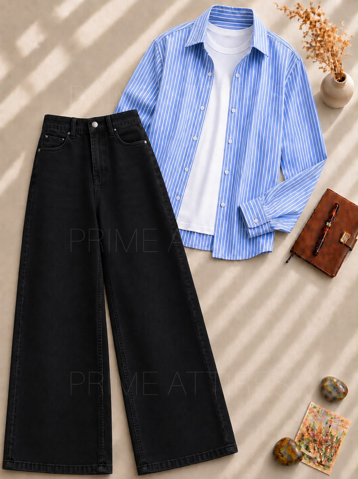 BLACK WIDE LEG JEANS + WHITE INNER & BLUE LINING BUTTON DOWN SHIRT