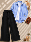 BLACK WIDE LEG JEANS + WHITE INNER & BLUE LINING BUTTON DOWN SHIRT