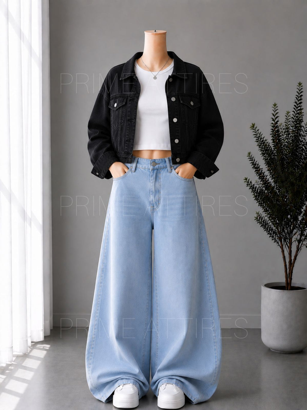 ICE BLUE WIDE LEG JEANS + WHITE INNER & BLACK DENIM JACKET