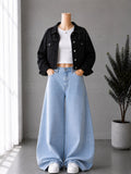 ICE BLUE WIDE LEG JEANS + WHITE INNER & BLACK DENIM JACKET