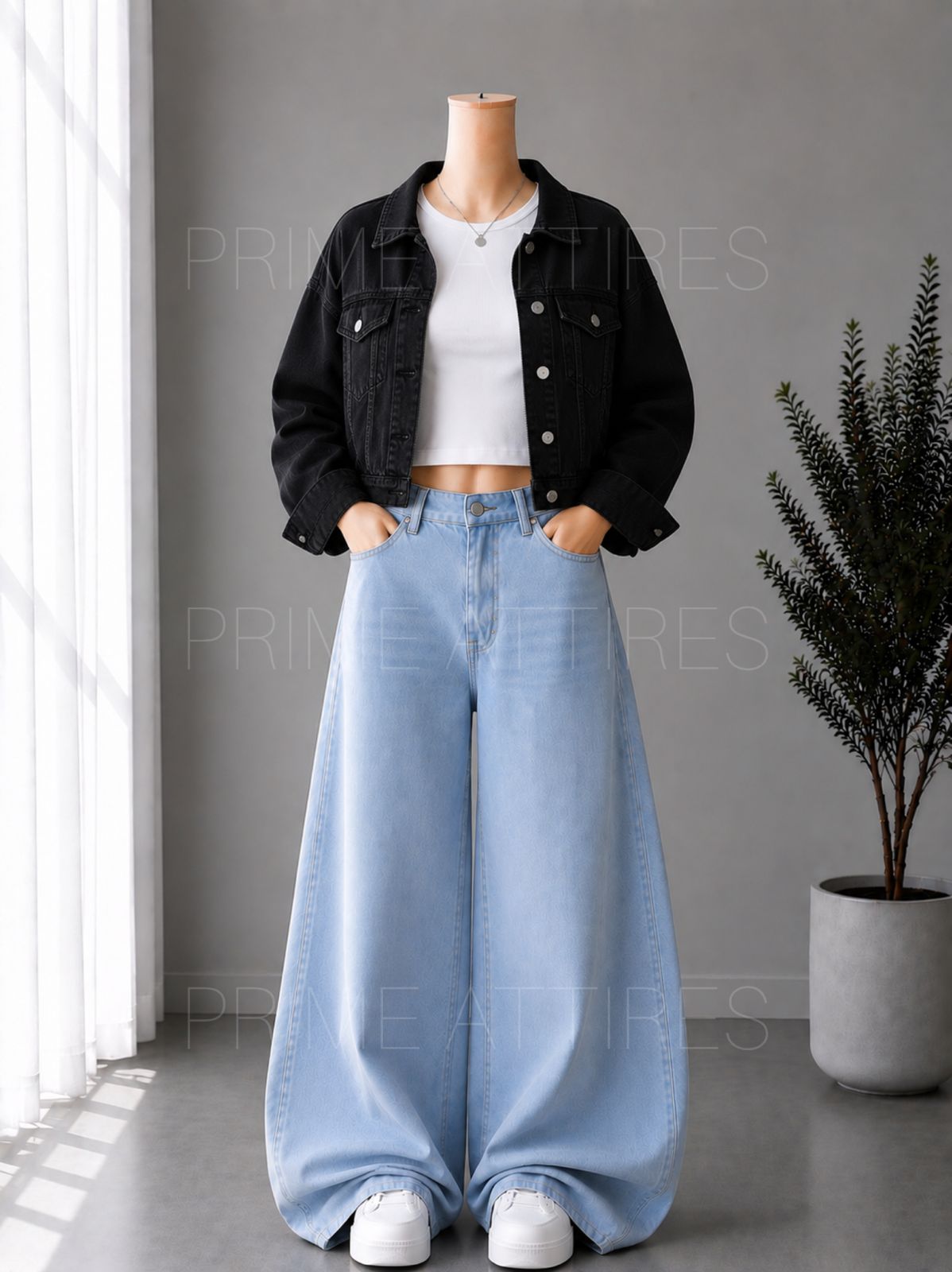 ICE BLUE WIDE LEG JEANS + WHITE INNER & BLACK DENIM JACKET