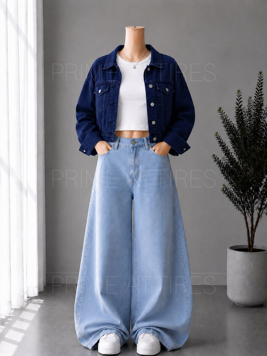 ICE BLUE WIDE LEG JEANS + WHITE INNER & NAVY BLUE DENIM JACKET