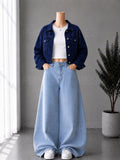 ICE BLUE WIDE LEG JEANS + WHITE INNER & NAVY BLUE DENIM JACKET