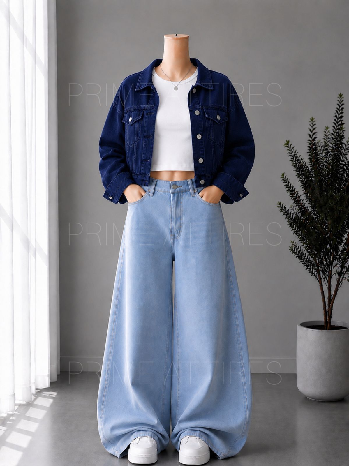 ICE BLUE WIDE LEG JEANS + WHITE INNER & NAVY BLUE DENIM JACKET