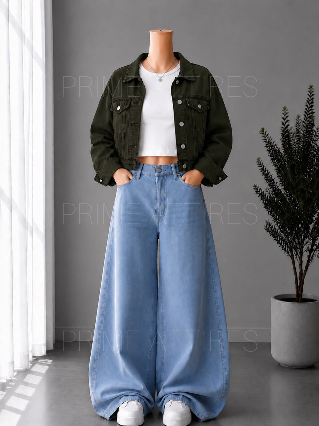 ICE BLUE WIDE LEG JEANS + WHITE INNER & OLIVE GREEN DENIM JACKET