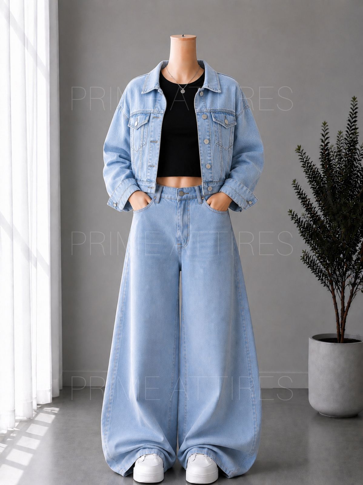 ICE BLUE WIDE LEG JEANS + BLACK INNER & ICE BLUE DENIM JACKET