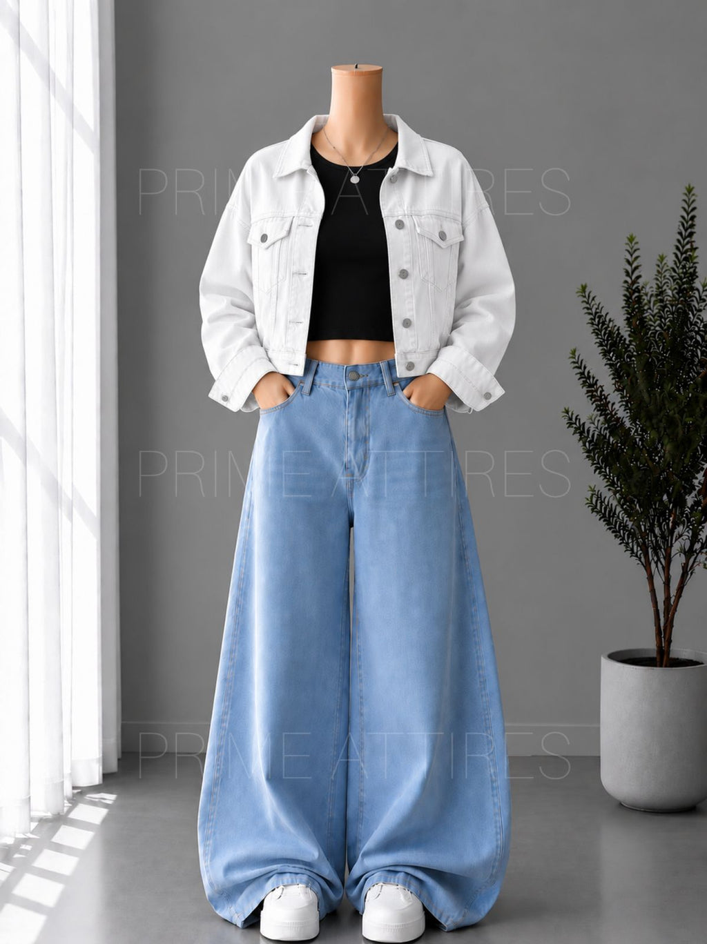ICE BLUE WIDE LEG JEANS + BLACK INNER & WHITE DENIM JACKET