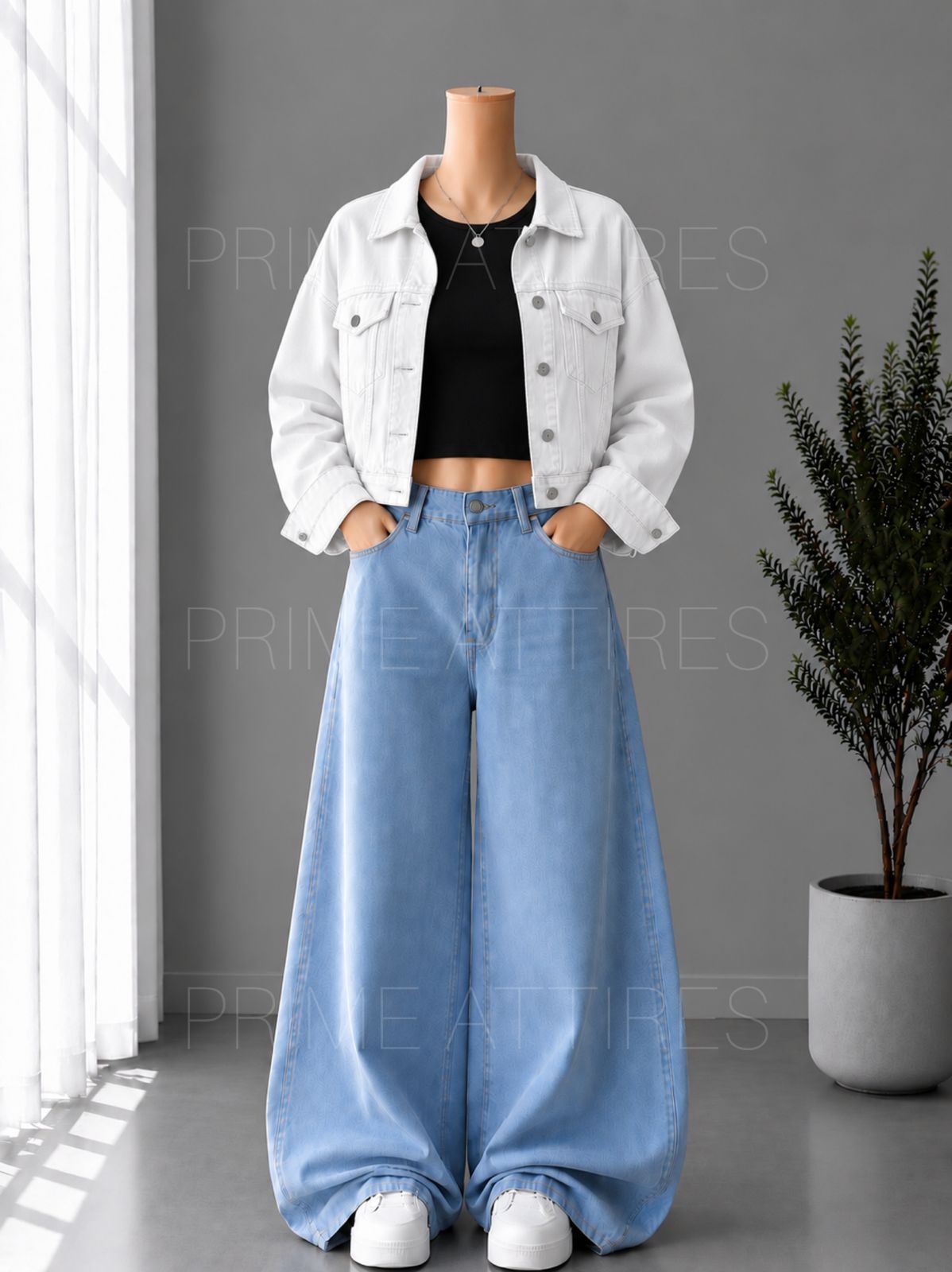 ICE BLUE WIDE LEG JEANS + BLACK INNER & WHITE DENIM JACKET