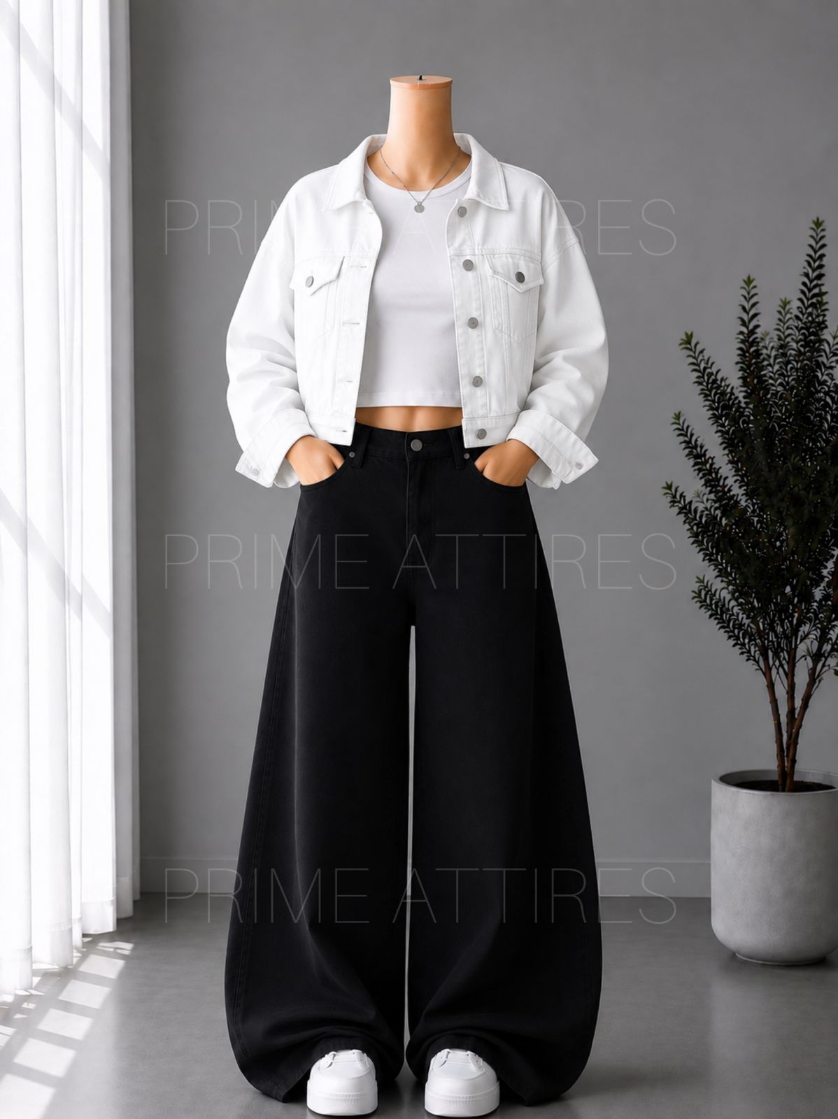 BLACK WIDE LEG JEANS + WHITE INNER & WHITE DENIM JACKET