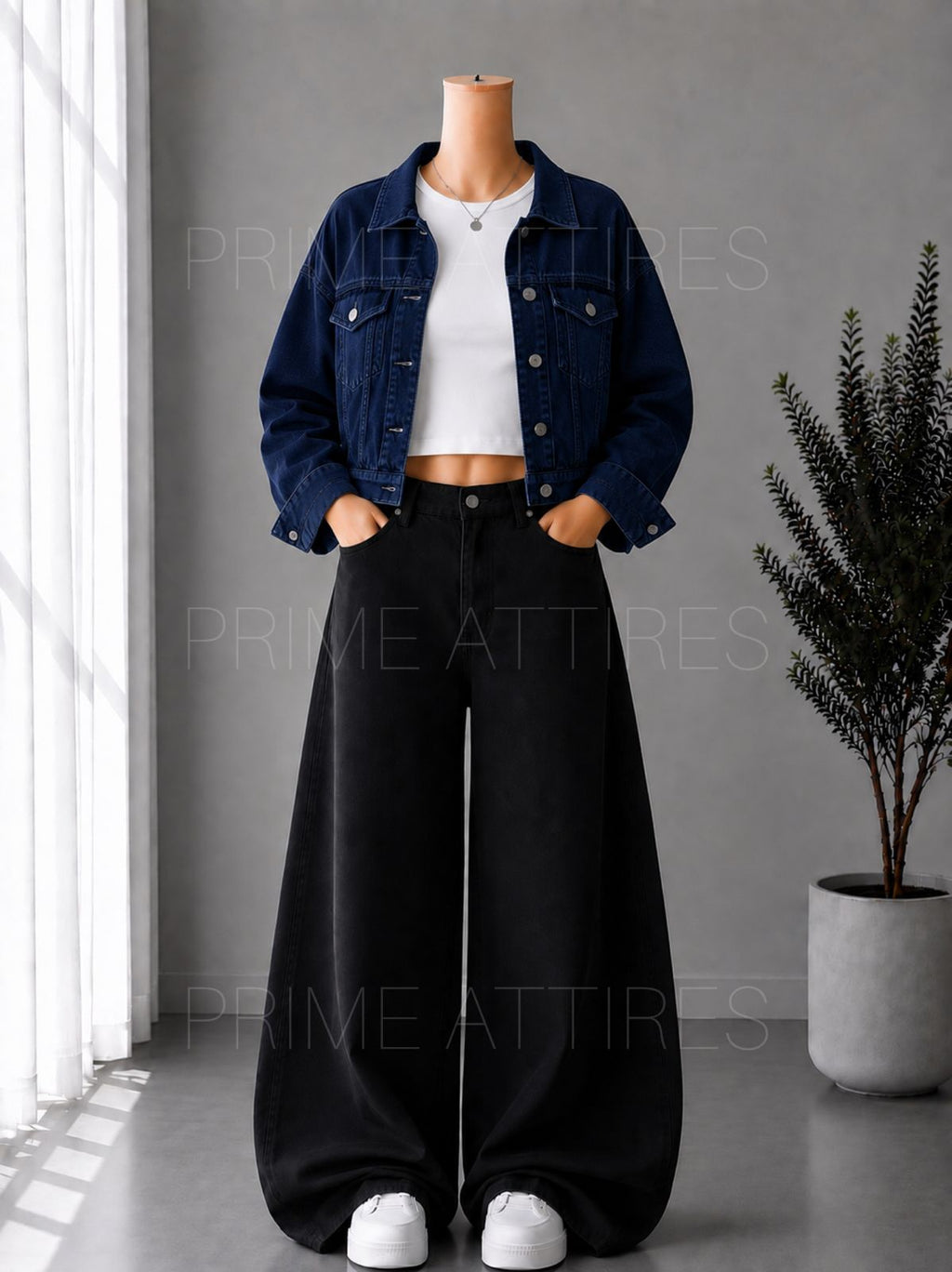 BLACK WIDE LEG JEANS + WHITE INNER & NAVY BLUE DENIM JACKET