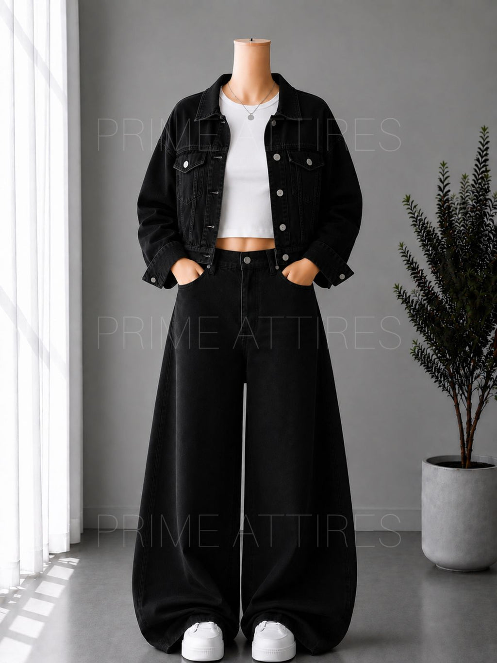 BLACK WIDE LEG JEANS + WHITE INNER & BLACK DENIM JACKET