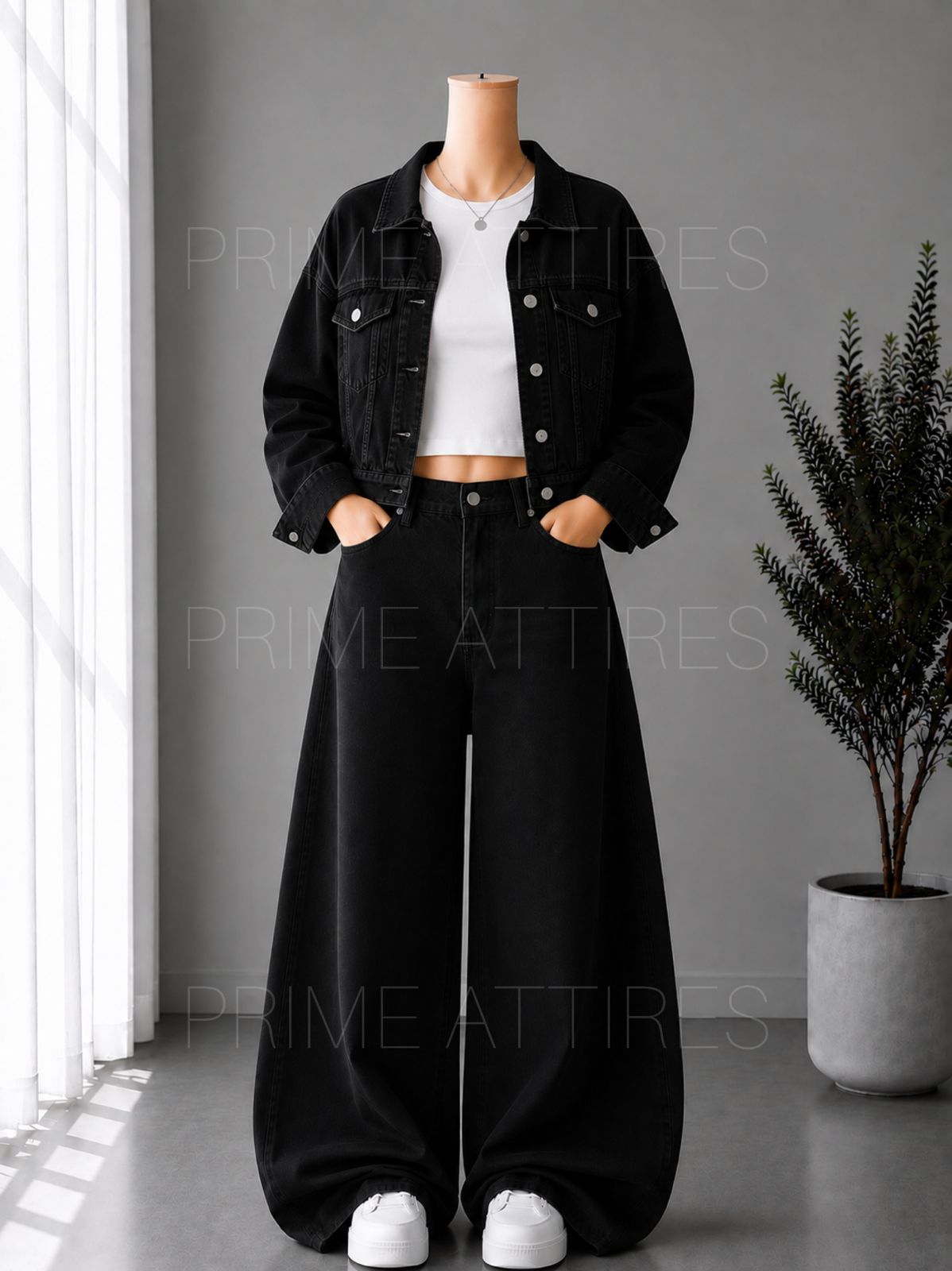 BLACK WIDE LEG JEANS + WHITE INNER & BLACK DENIM JACKET