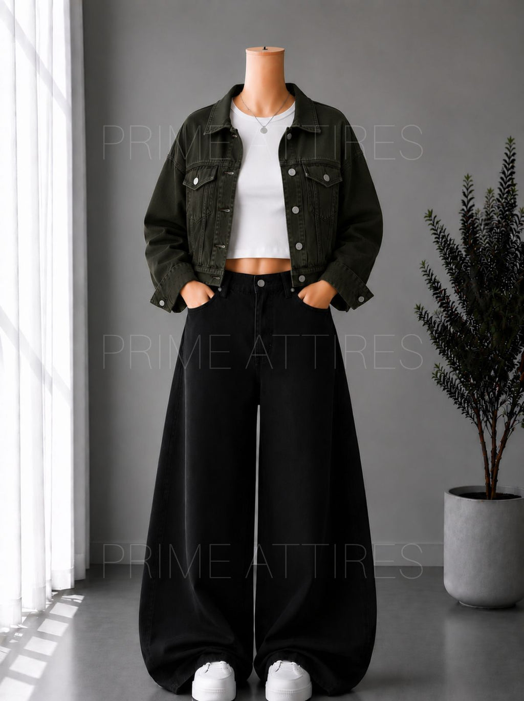 BLACK WIDE LEG JEANS + WHITE INNER & OLIVE GREEN DENIM JACKET