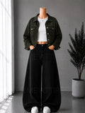 BLACK WIDE LEG JEANS + WHITE INNER & OLIVE GREEN DENIM JACKET