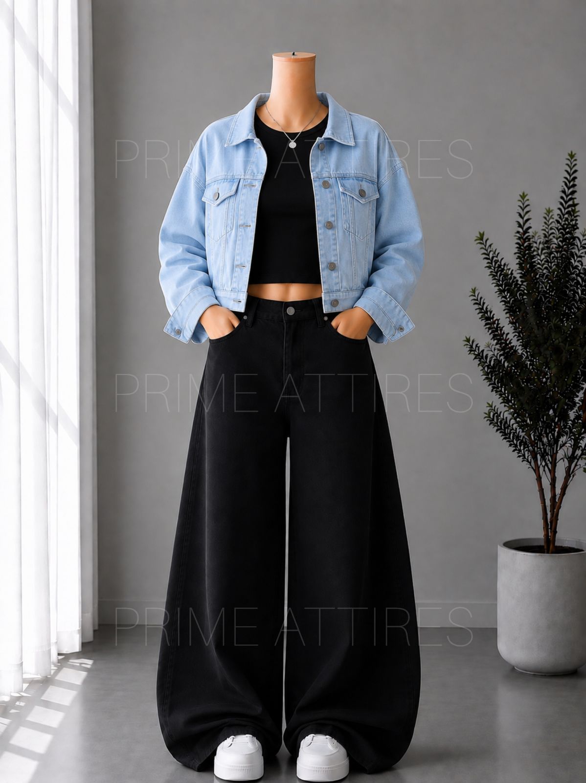BLACK WIDE LEG JEANS + BLACK INNER & ICE BLUE DENIM JACKET