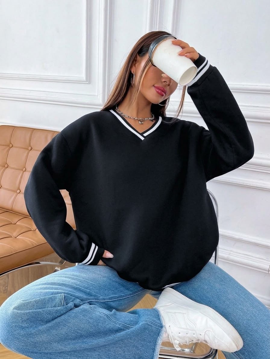 V-NECK CONTRAST BLACK SWEATSHIRT